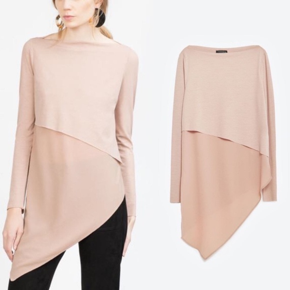 Zara tan/brown asymmetrical hem multi layer wide neck long sleeve shirt
